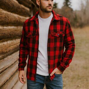 Vintage Girbaud Flannel Shacket Red Black Buffalo Plaid Zip USA Made Men M